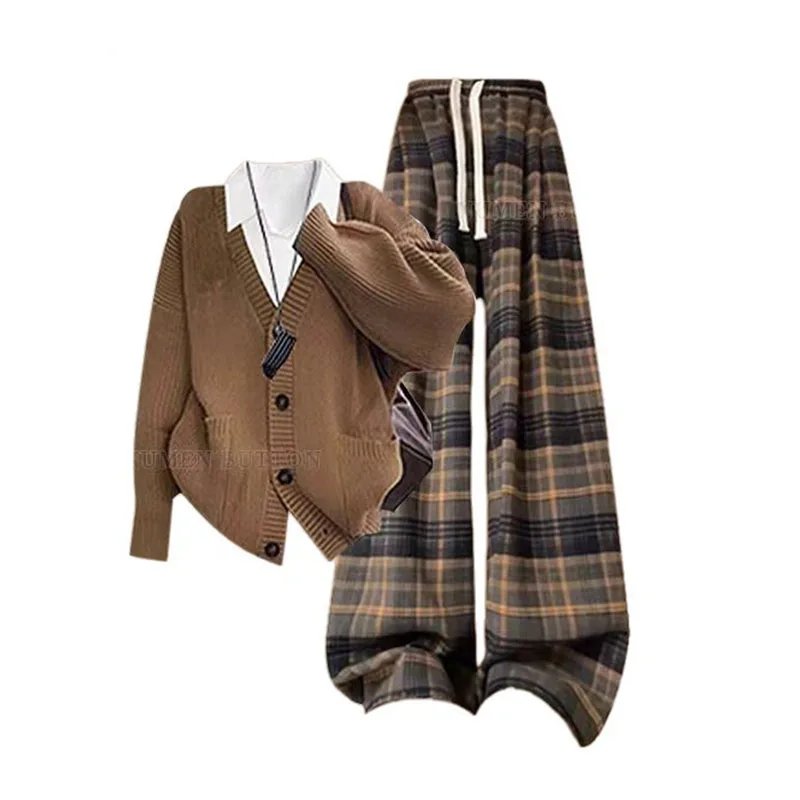 Large Size Autumn Retro Suit Women's Design Sense Layered Knit Cardigan Base Top Plaid Casual Pants Three Piece Set Pant Sets