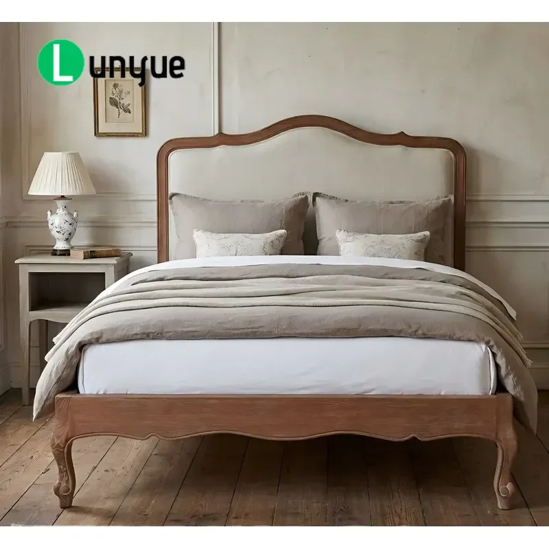 Deluxe French Style Tufted Ash Wood Frame Upholstered Headboard Solid Wood Double Bed for Bedroom Furniture Elegant Design