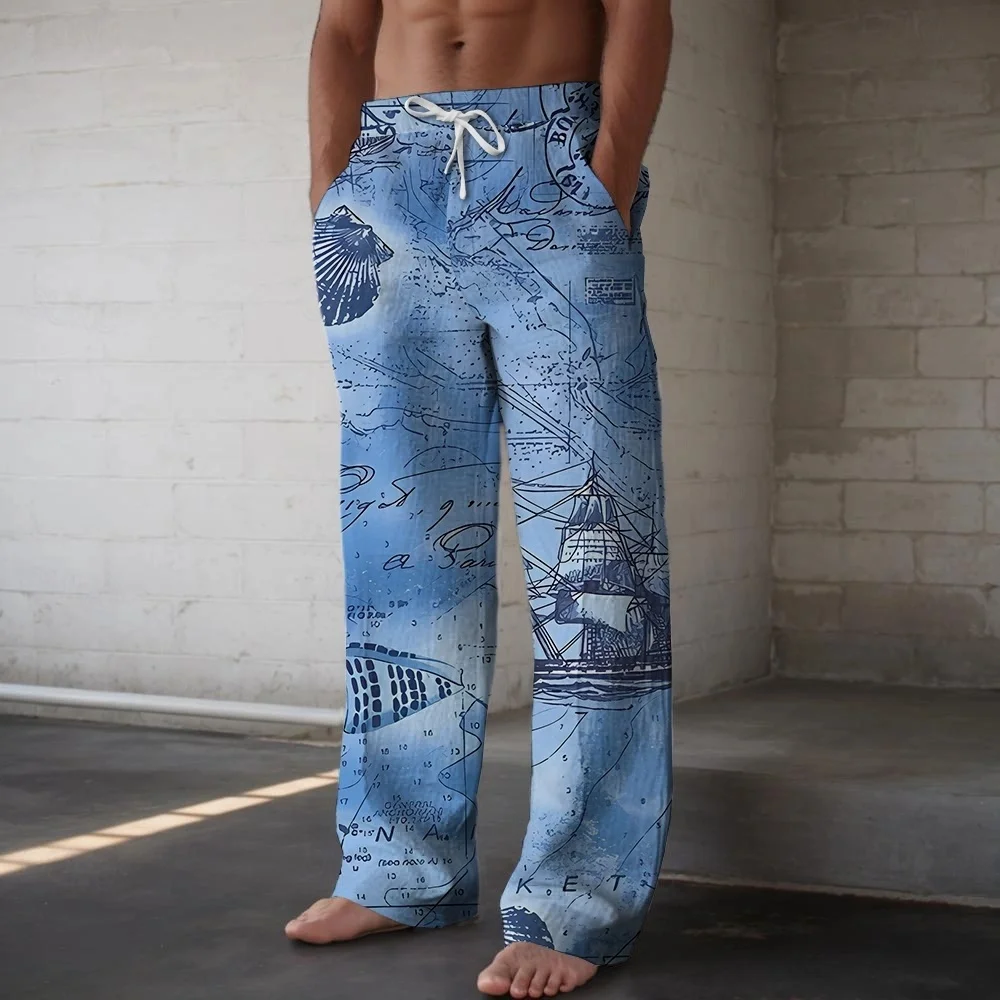 

Men's casual pants with loose elastic drawstring waist, retro sailing compass, 3D printed straight leg, summer yoga beach pants