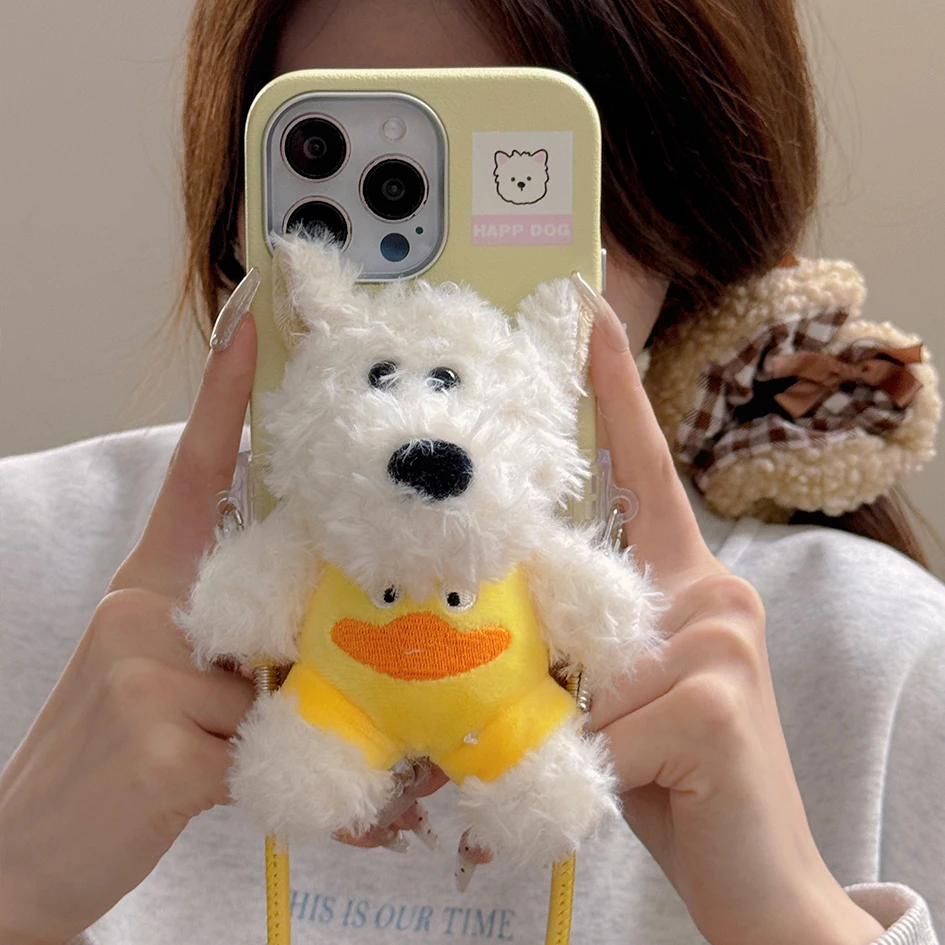 Dog Cute Plush Doll Soft Case For iphone 16 15 14 13 Pro Max 12 New Cartoon Plush Doll Creativity Girl Gift Phone Case+Lanyard