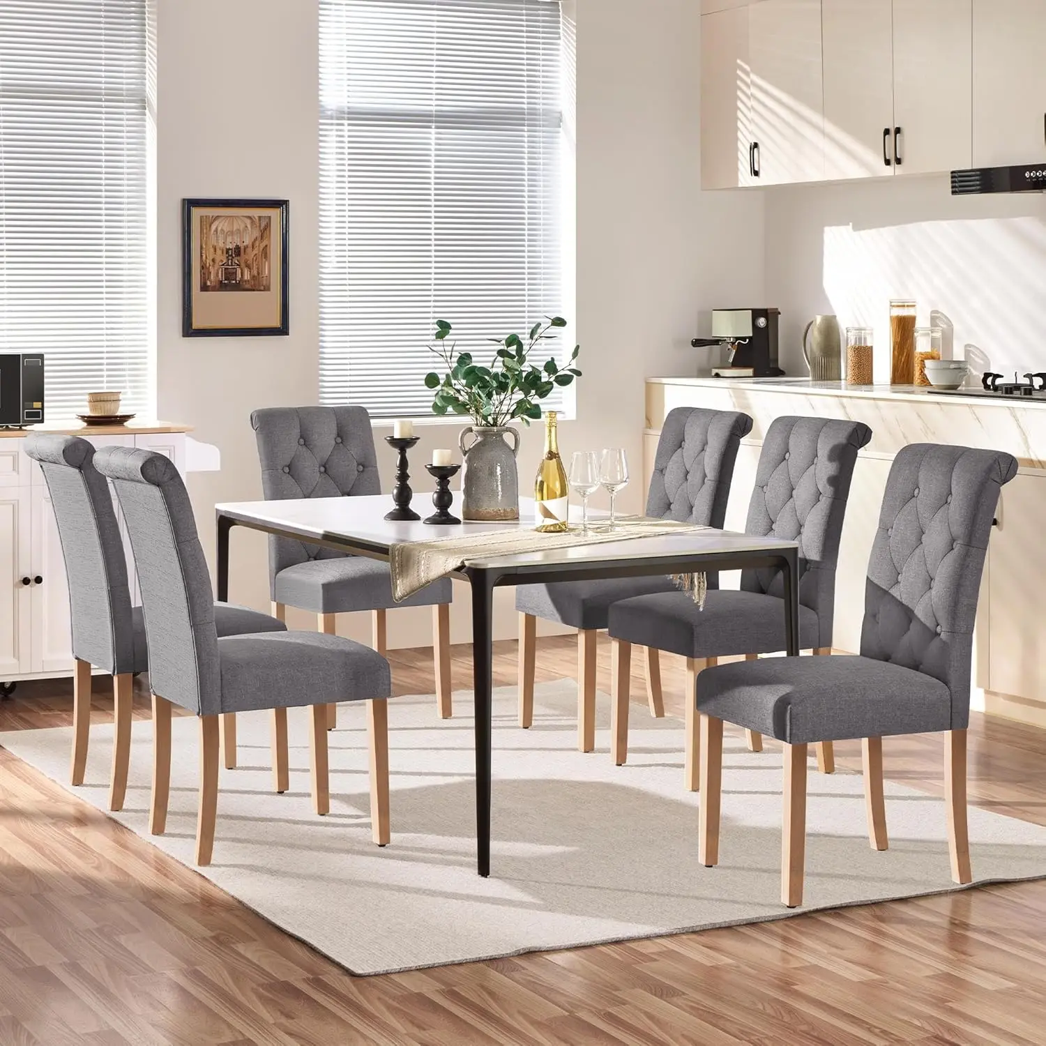 Dining Chairs Set of 6 Fabric Upholstered Dining  Padded Chairs Button Tufted Kitchen  With Solid Wood Leg