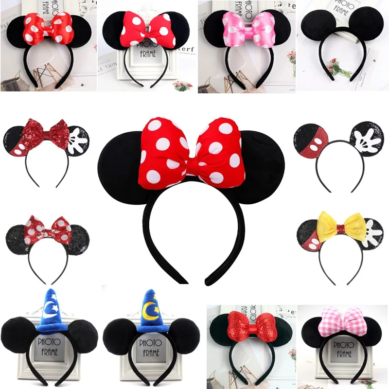 Disney Mickey Ears Headband Cosplay Headdress Cartoon Minnie Mouse Sequins Bow Party Hair Accessories Toys for Adult Kids Gifts