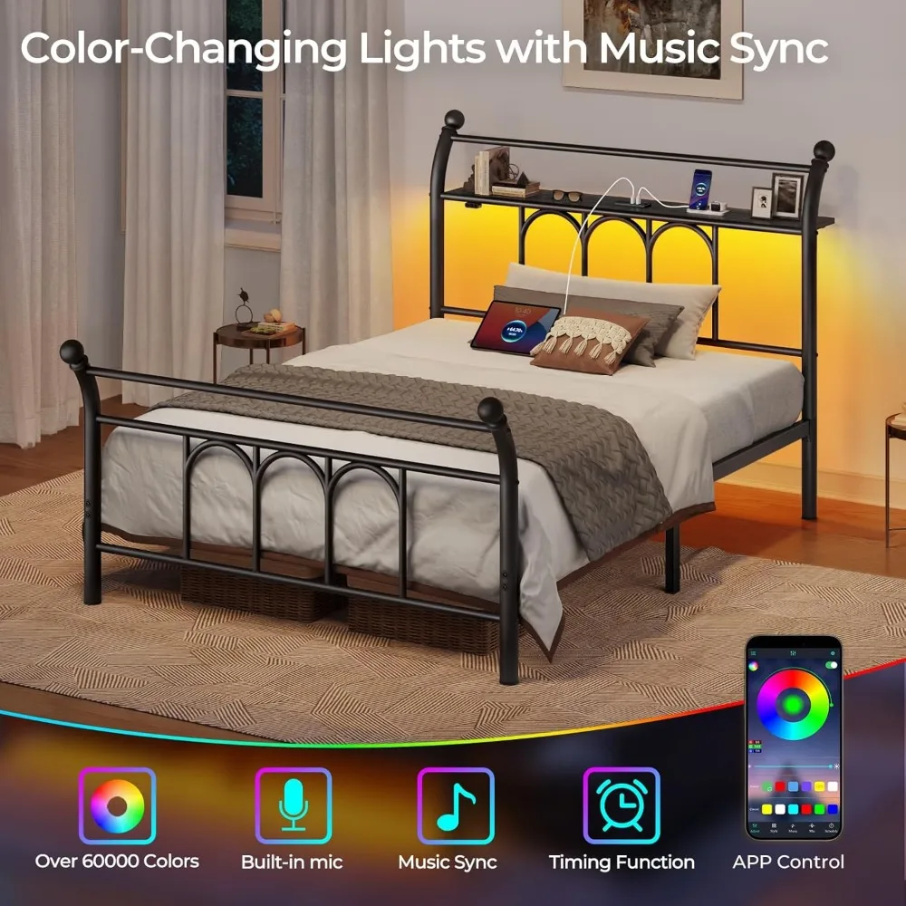 cama. Estrutura de cama de solteiro com estação de carregamento USB, estrutura de cama LED com cabeceira de armazenamento, cama de plataforma de metal preto de 14 polegadas com trenó