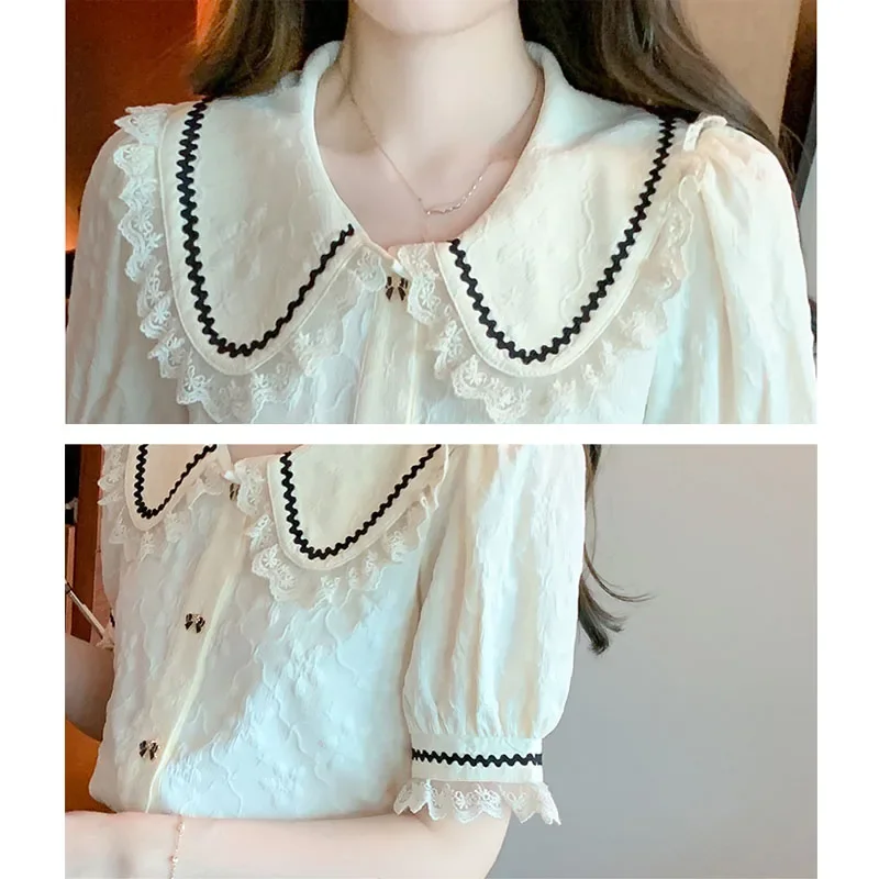 Summer Short Sleeve Doll Collar Women Shirt Office Lady Chiffon Shirt Blouse Women Tops Blusas Mujer De Moda 2024 Verano A278