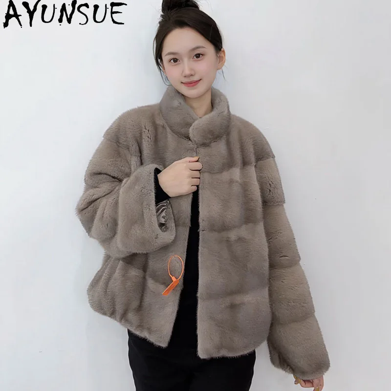 AYUNSUE Natural Mink Fur Jacket Woman Stand Collar 2025 Real Fur Jackets for Woman Clothing High Quality Whole Mink Шуба Женская