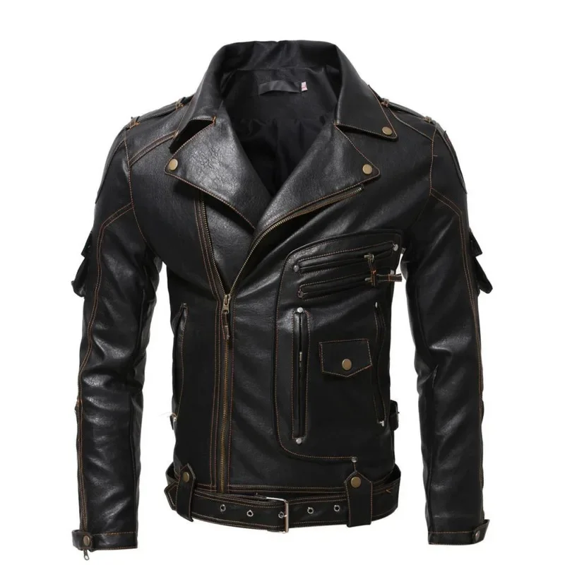 Motorcycle Leather Jacket Men America Retro Leather Button Multi Pocket Multi Pocket Personal Leather Coat Cardigan Jacket Top