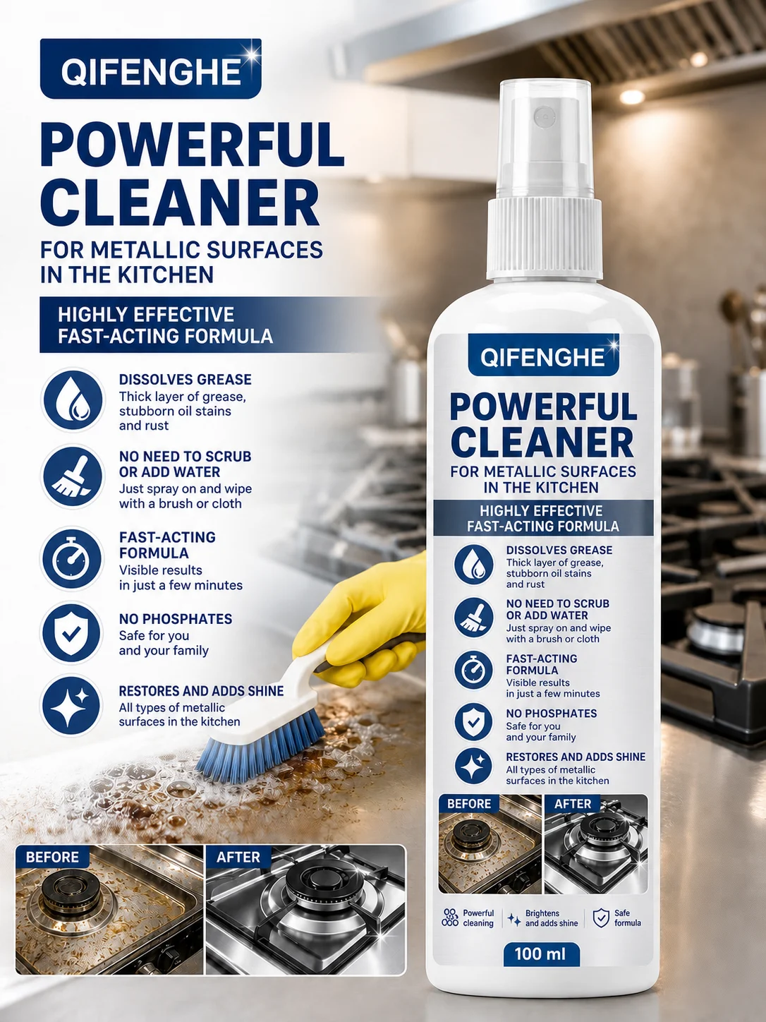 QIFENGHE Powerful Kitchen Metal Cleaner Spray 100ml, No‑Rinse Degreaser, Remove Grease Oil Rust Stain for Stove Sink Stainless S