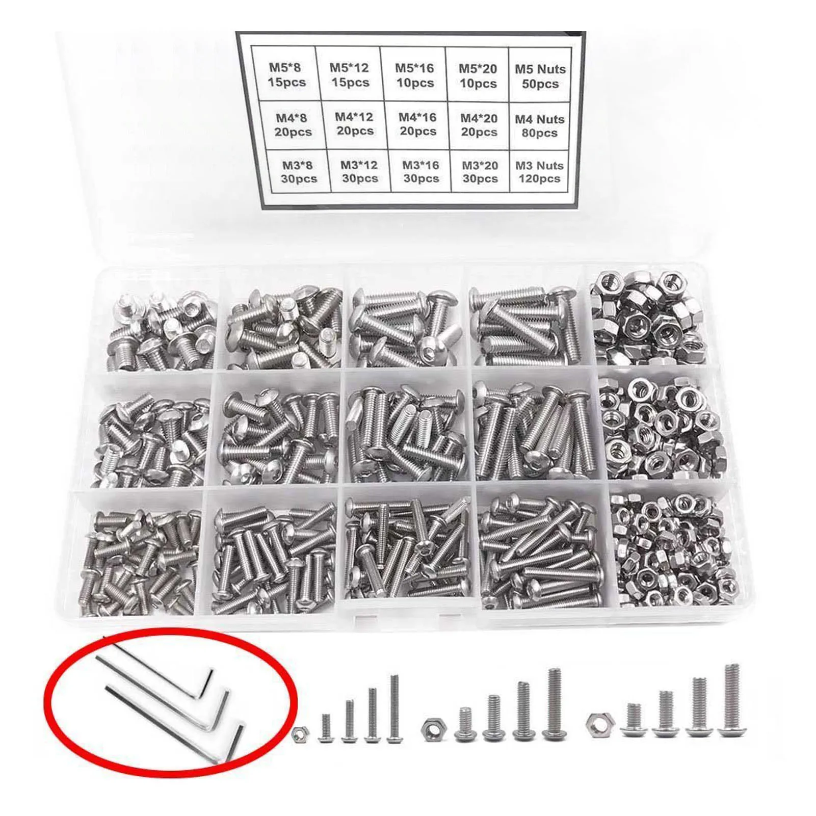 500Pcs Pan Head Hex Socket Screws Stainless Steel Screw Nut Assortment Kit For Automobile Making M3 M4 M5