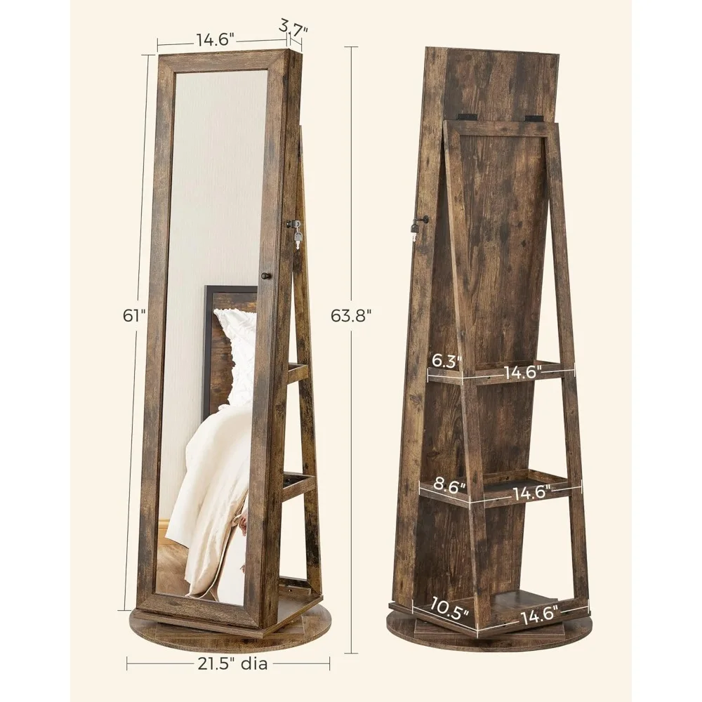 Bly GMICS-armoire à bijoux à effet 360 °, miroir pleine longueur verrouillable, étagères de rangement arrière, miroir intérieur