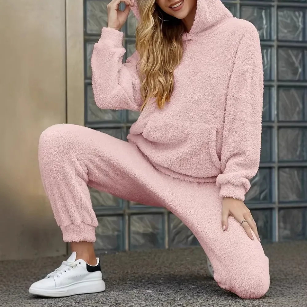 

Повседневный женский плюшевый комплект с капюшоном и длинными рукавами, удобные длинные брюки, однотонный, осенне-зимний, модный, цвета макарон, полиэстер