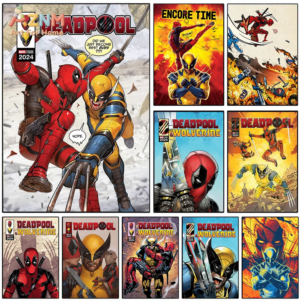AZNM Deadpool And Wolverine Comic‑Style Canvas Wall Art Frameless Print 2024 Marvel Movie Superhero Character Poster Vintage C