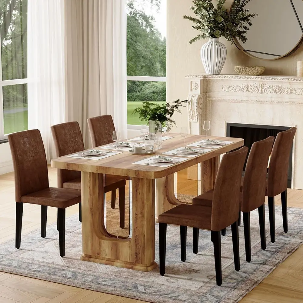 

Rustic Brown 6-Piece Dining Set with Pedestal Legs and Cushioned Chairs for Kitchen