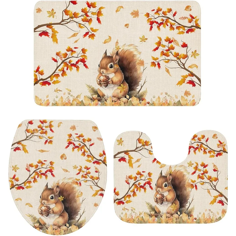 

Bathroom Rug Set 3 Piece Watercolor Fall Squirrel Thanksgiving Non-Slip Backing Bathroom Mat Autumn Animals Maple Leaf Anti-Skid