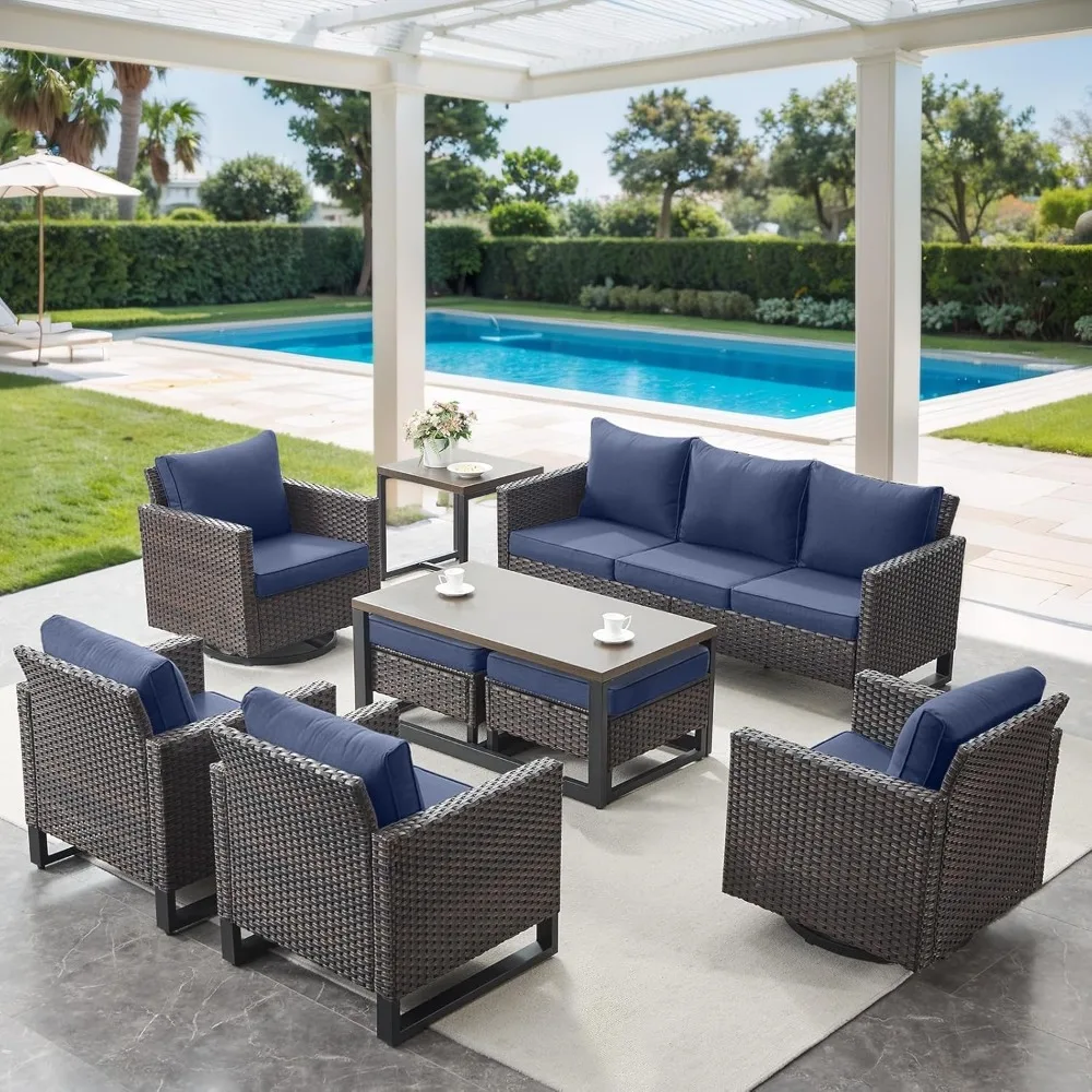 

9-piece rattan patio furniture set including coffee table, rattan chairs, 3-seater sofa and ottoman