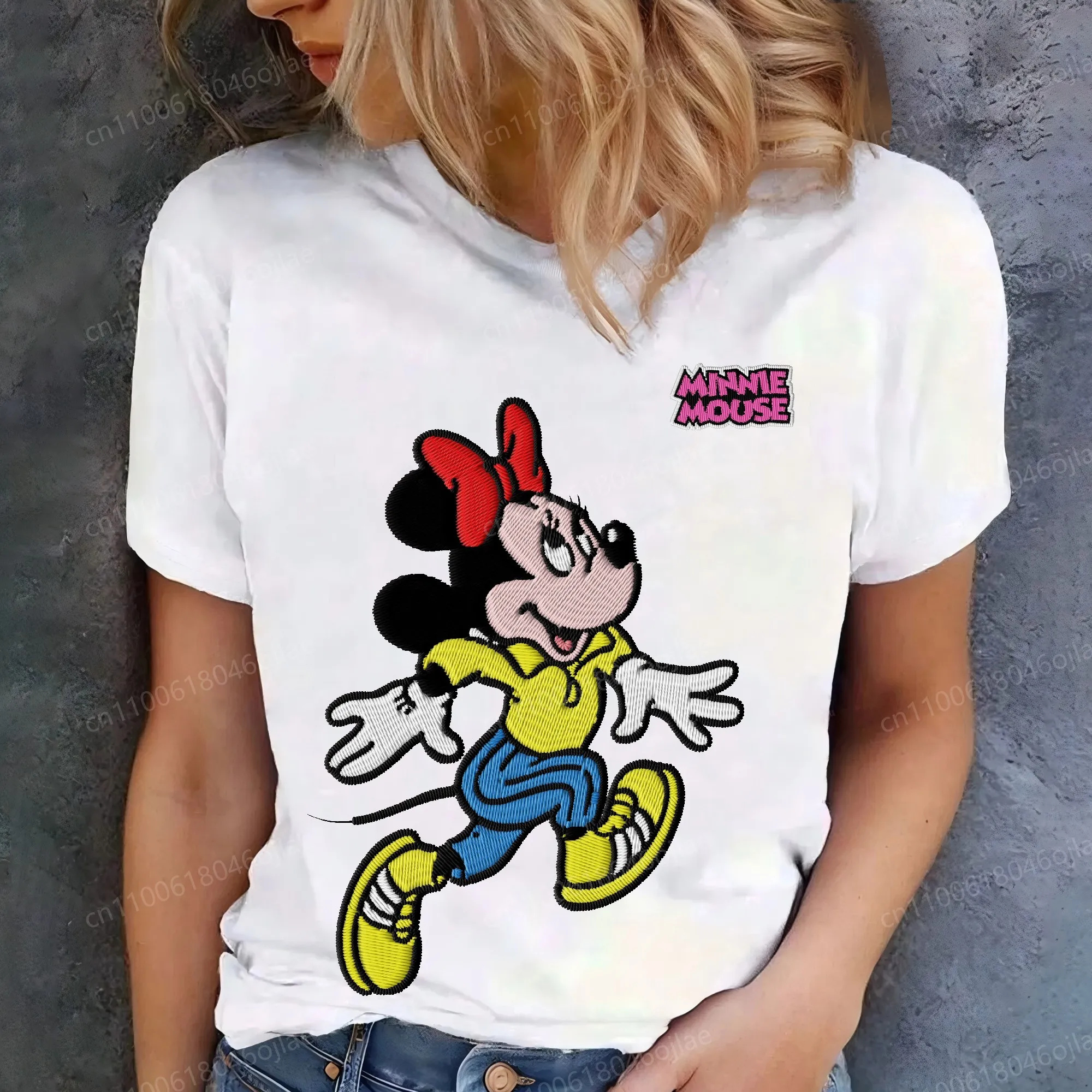

Embroidery 3D Printing Minnie Mouse Combed Cotton Texture Woman Clothing Disney Short Sleeve Summer Tops O-neck Y2k Clothes 2025