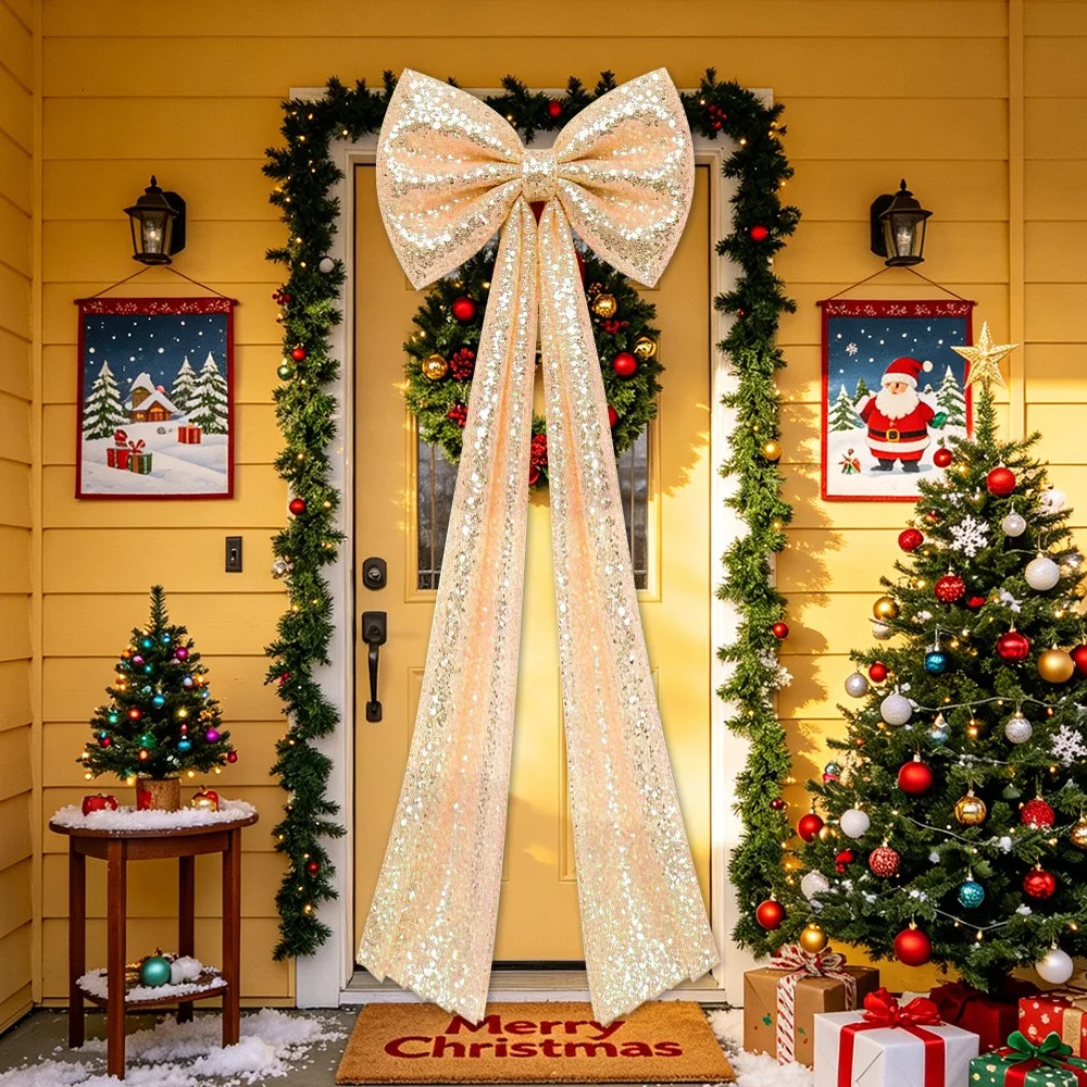 40x200cm Sequin Glitter Bow Christmas Tree Decoration Pendant Home Decor Large Bow for Wedding Home New Year Party