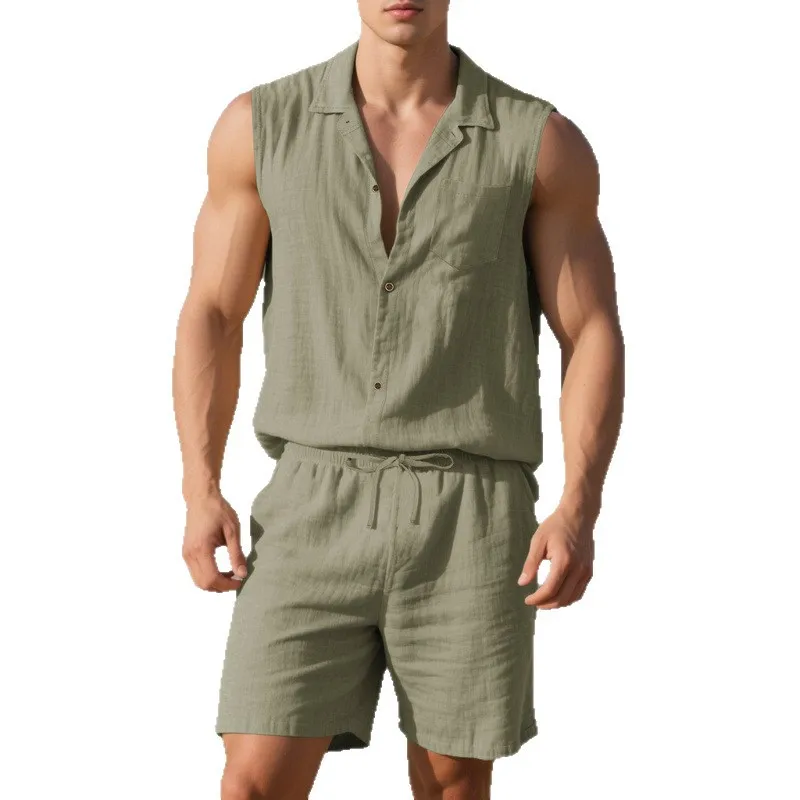 

European and American style linen suit men's casual lapel sleeveless shirt and shorts men's thin suit