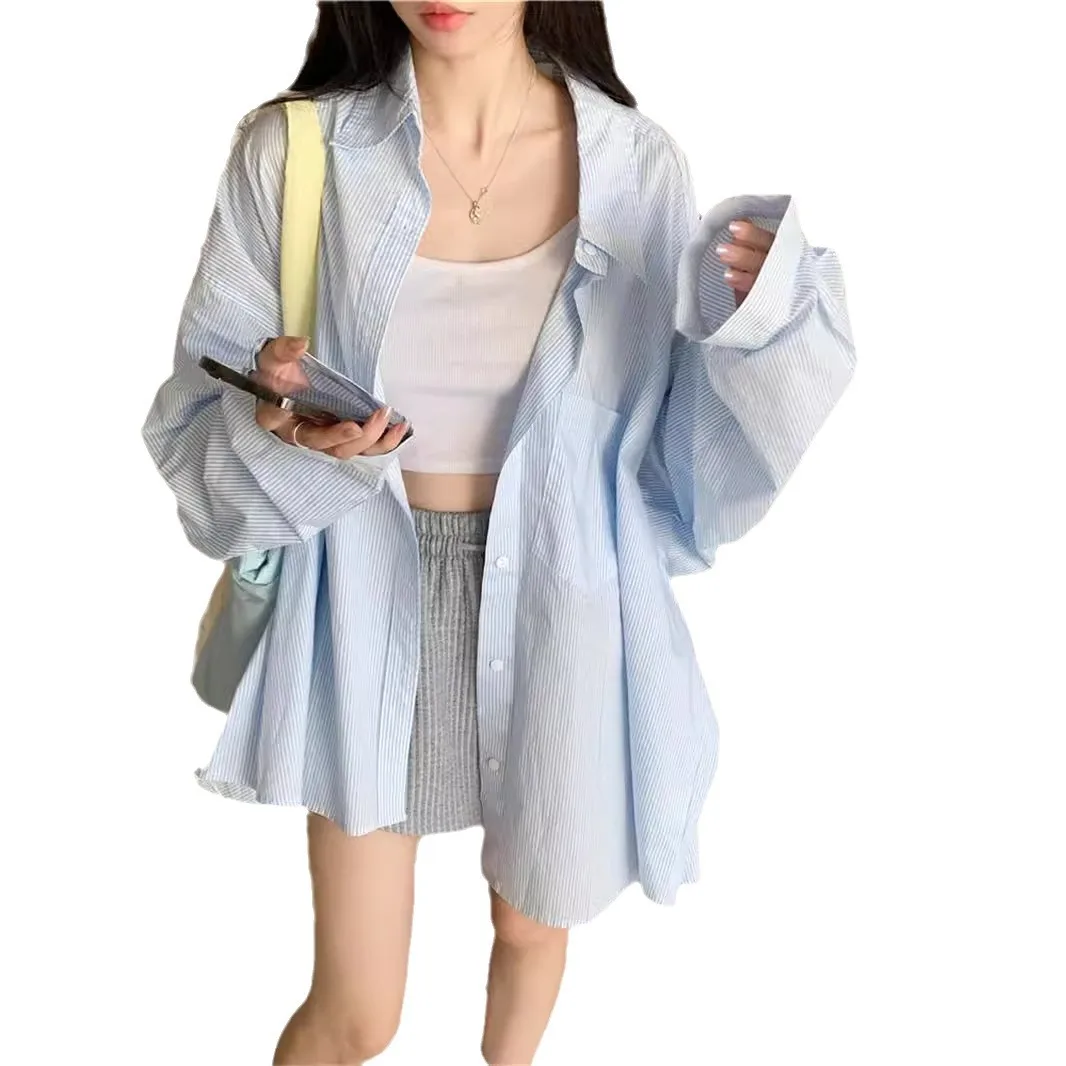 Leisure Stripe Polo Shirt Women's Summer Sun Protection Loose Casual Open Cardigan Mid-Length TopYY138