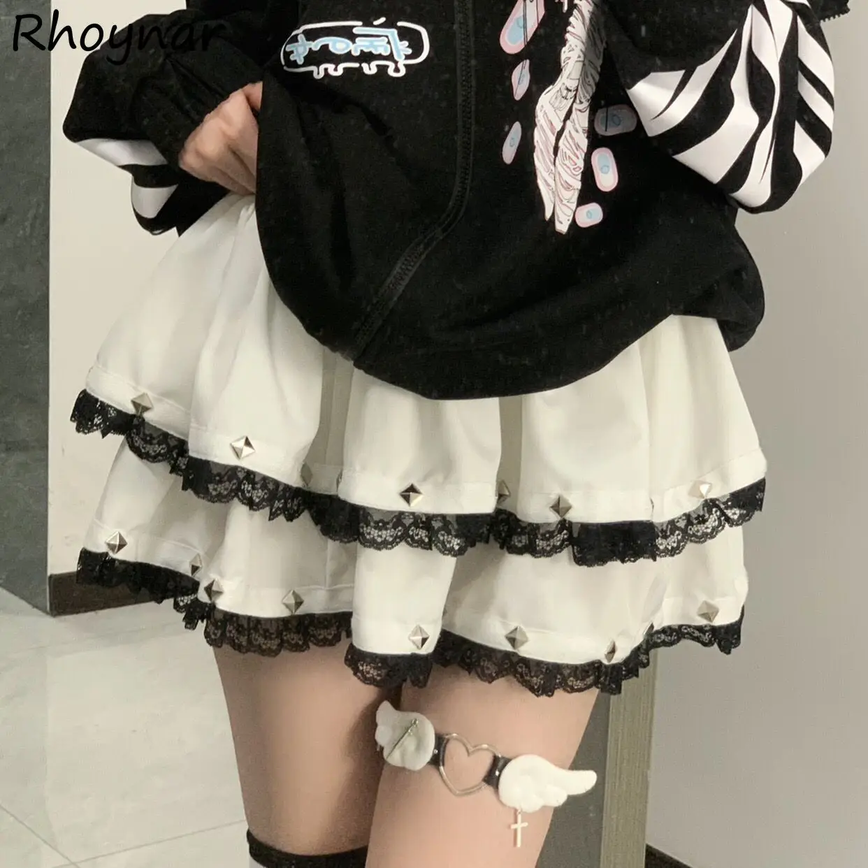

Lolita Style Y2k Skirts Women Mini Aesthetic Rivet Designed Chic Summer Fashion Bottoms Girls Lace Lovely Gothic Vintage Ruffles