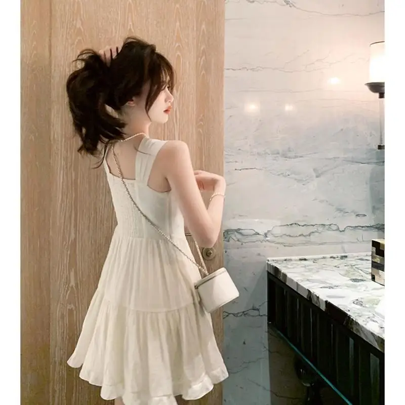 2024 Knee-Length Off White Dress Sweet Lovely Backless Sleeveless Princess Temper Girlish Kawaii Aesthetic Korean Fashion