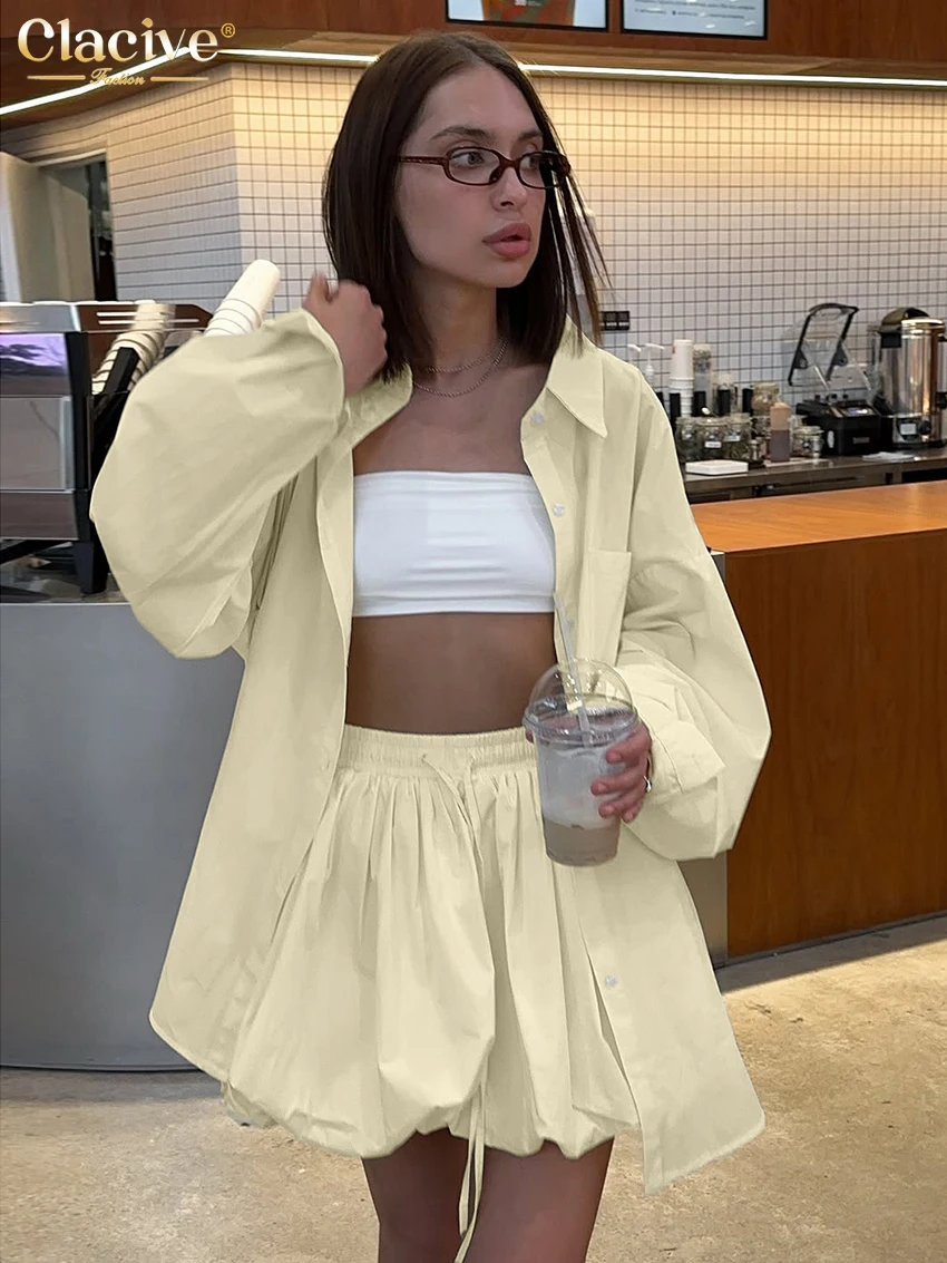 

Clacive Fashion Loose Yellow Cotton Two Piece Outfits Woman 2026 Spring Long Sleeve Shirt With High Waist Pleated Mini Skirt Set