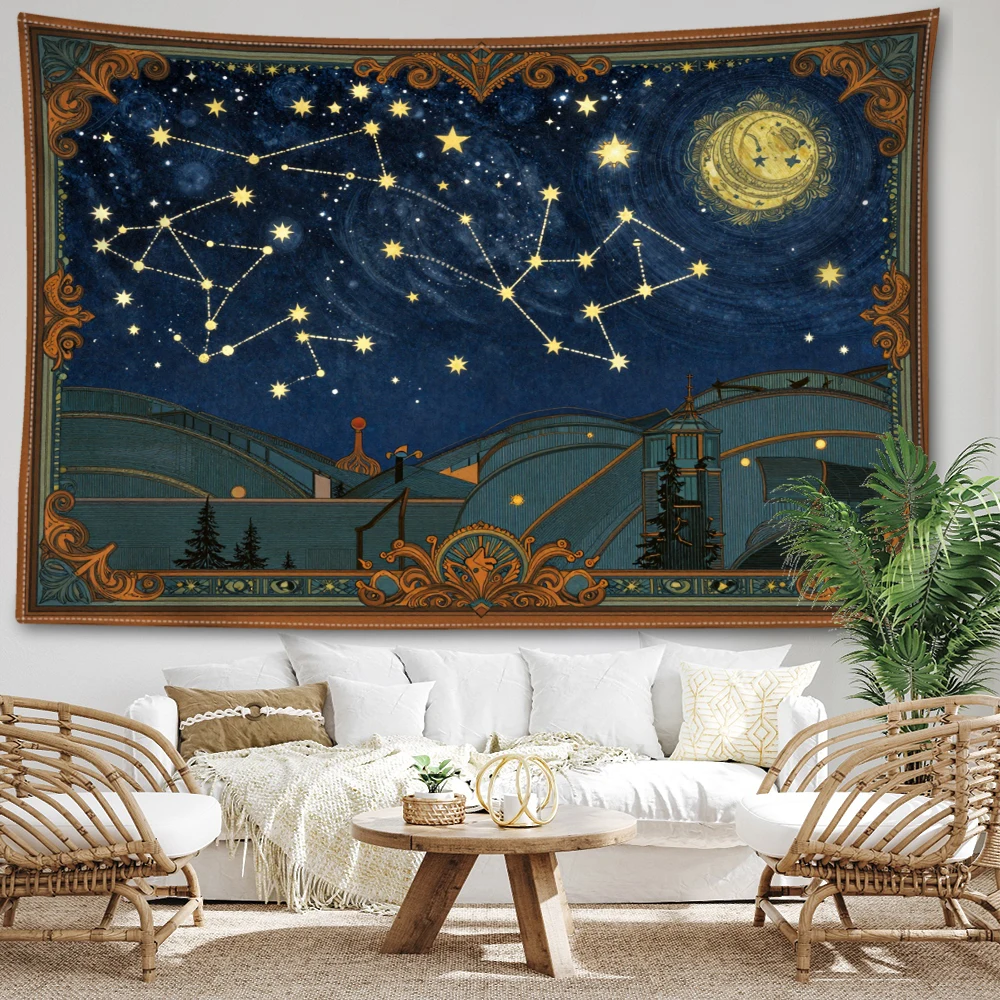 Navy Blue Night Constellation Moon Village Printed Tapestry Wall Hanging Bohemian Style Bedroom Home Decor
