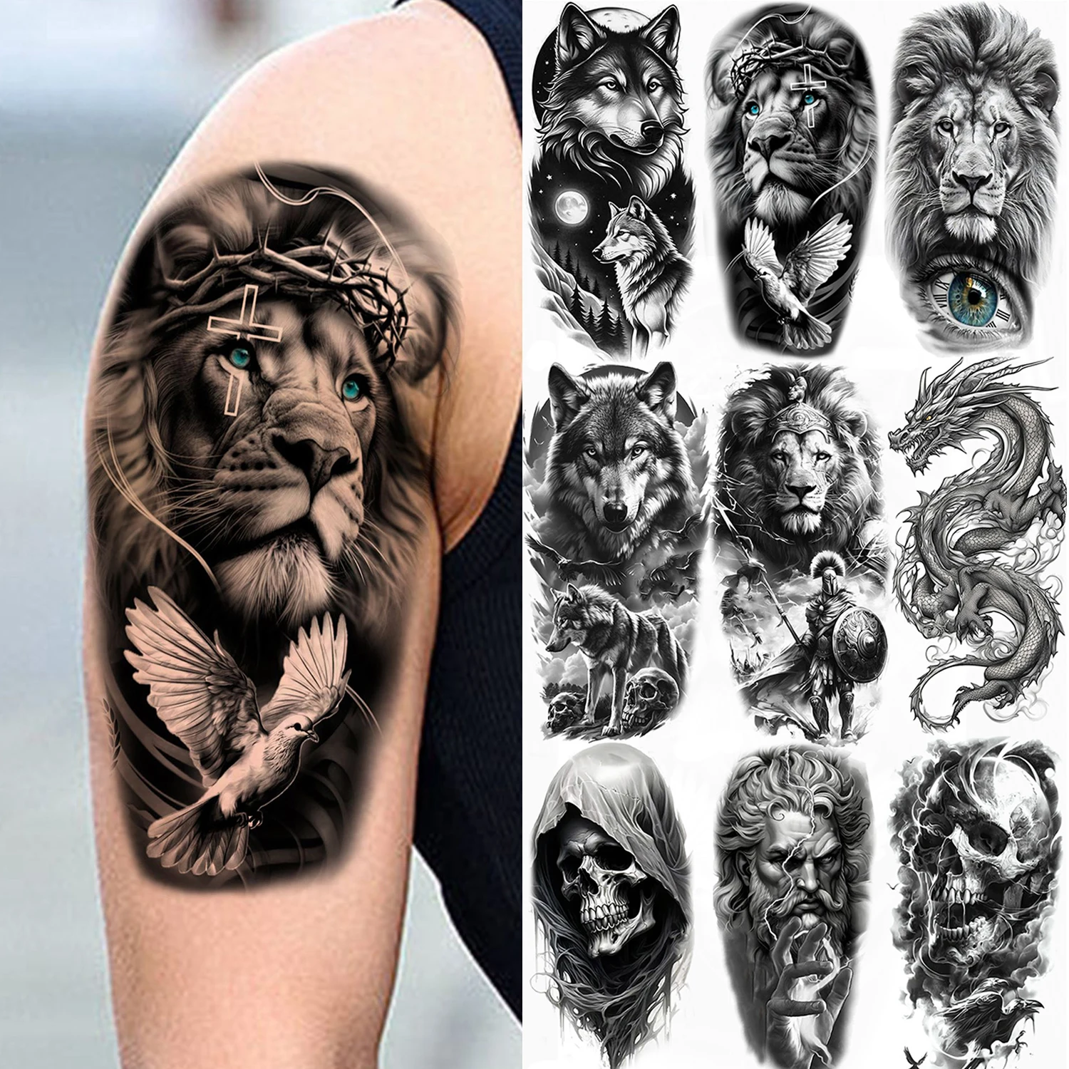 

1 Sheet Realistic Pigeon Lion Wolf Temporary Tattoos For Men Women Waterproof Tatoos Skull Dragon Warrior Fake Tattoo Stickers