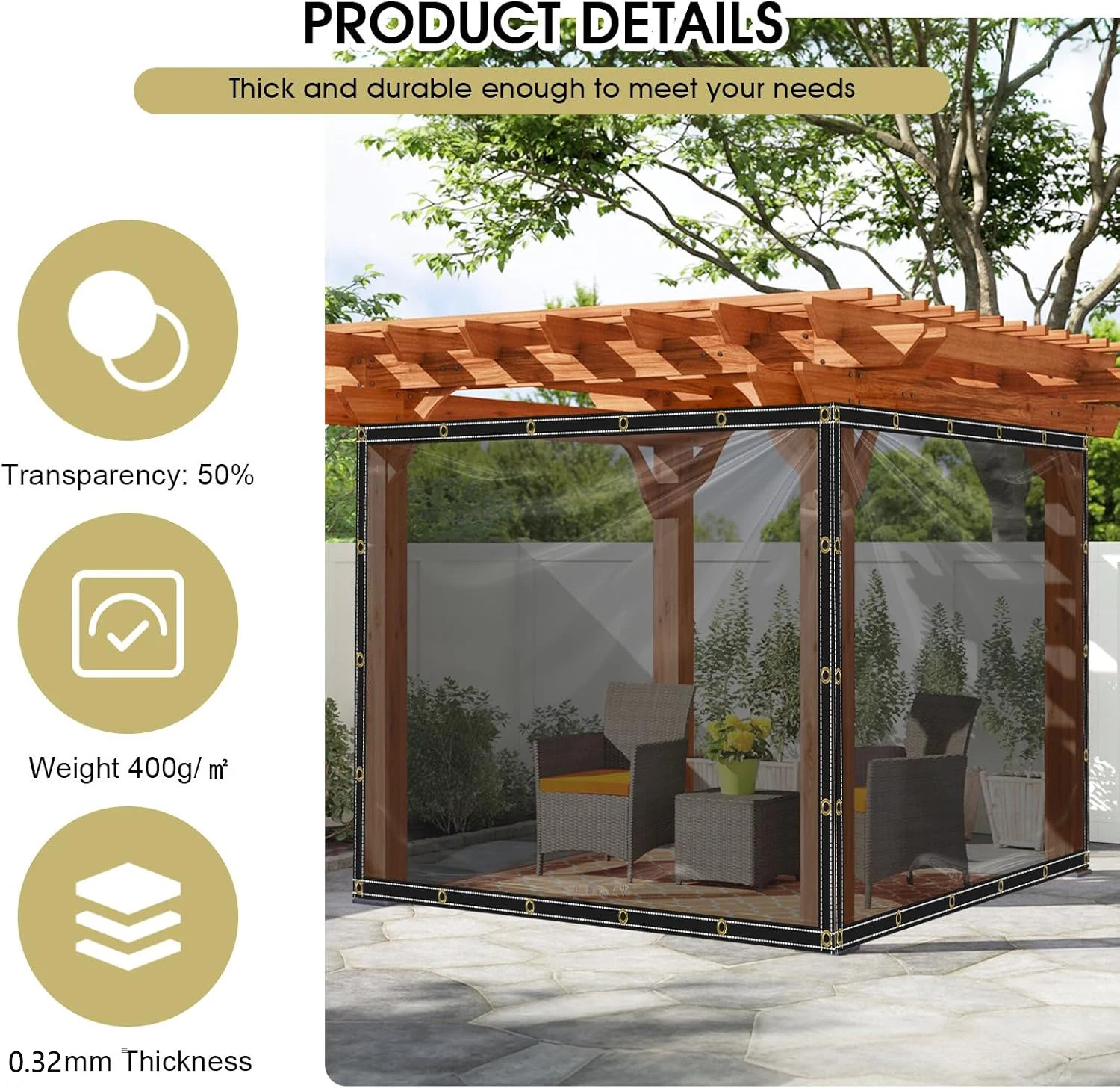 Sonnenschutz, wasserdichte Plane aus PVC mit Ösen, 400 g/m2, UV-Schutzplane für Pavillon, Garten, Balkon, Sichtschutz – Detail 4
