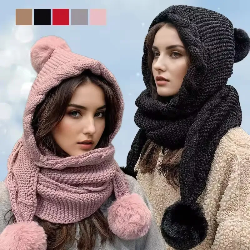 Winterwarmes Kapuzenmütze-Schal-Set aus weichem Plüsch, dicke warme Mütze, Sturmhaube für extrem kalte, vielseitige Mütze mit befestigter Schal-Strickmütze