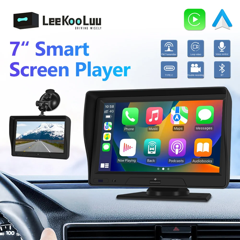 

LeeKooLuu 7" HD Portable Car Multimedia Video Player Wireless Carplay Android Auto Bluetooth/ FM Transmitter DVR Camera Monitor