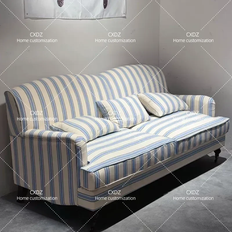American Retro Blue and White Striped Fabric Sofa Straight Row Pastoral Style Double Triple Seater for Living Room Home Decor