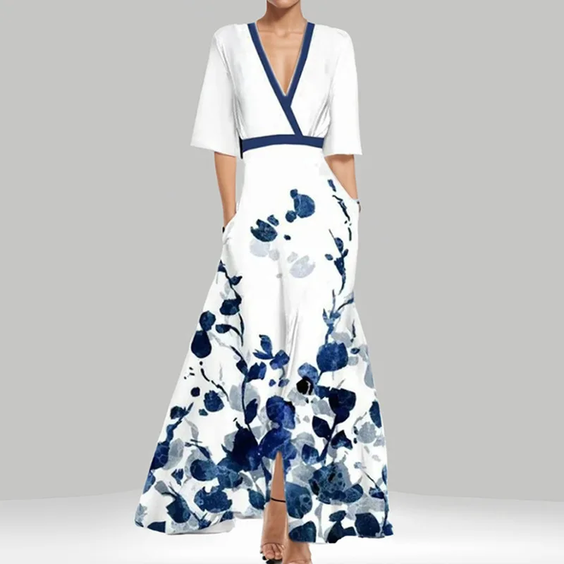 

Fashion Floral Print Patchwork Bohemian Dress Woman Sexy Deep V Neck Hollow Long Dresses New Spring Puff Sleeve Loose Maxi Dress