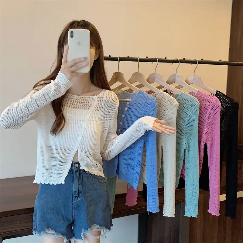 Long Sleeve Ruffle Basic Fashion Cardigan Casual Elegant Women Y2K Chic Holiday Korean Hollow Out Vacation Blue Clothing Tops