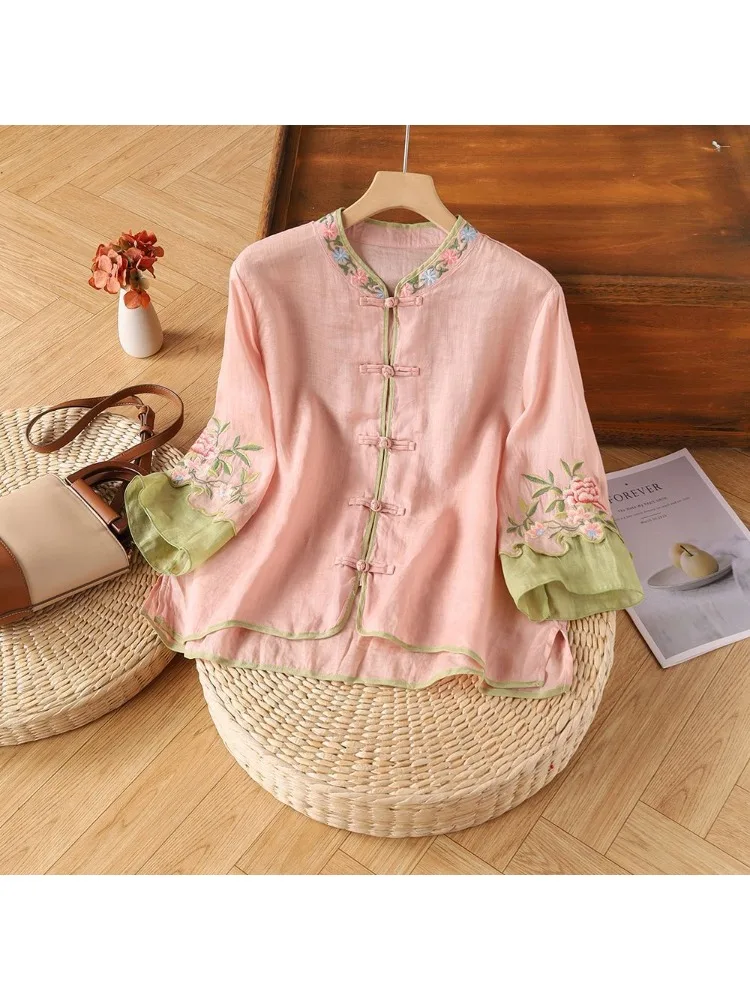 Décontracté ample Blouse chemise femmes vêtements été coton lin dames hauts t-shirt Blusas Vintage broderie femme chemise Camiseta Mujer