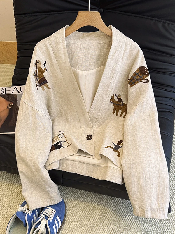 Elegant Embroidered Cotton Linen Jacket Women's Early Autumn Short V-neck Long Sleeve Top Button Closure Pure Color Design