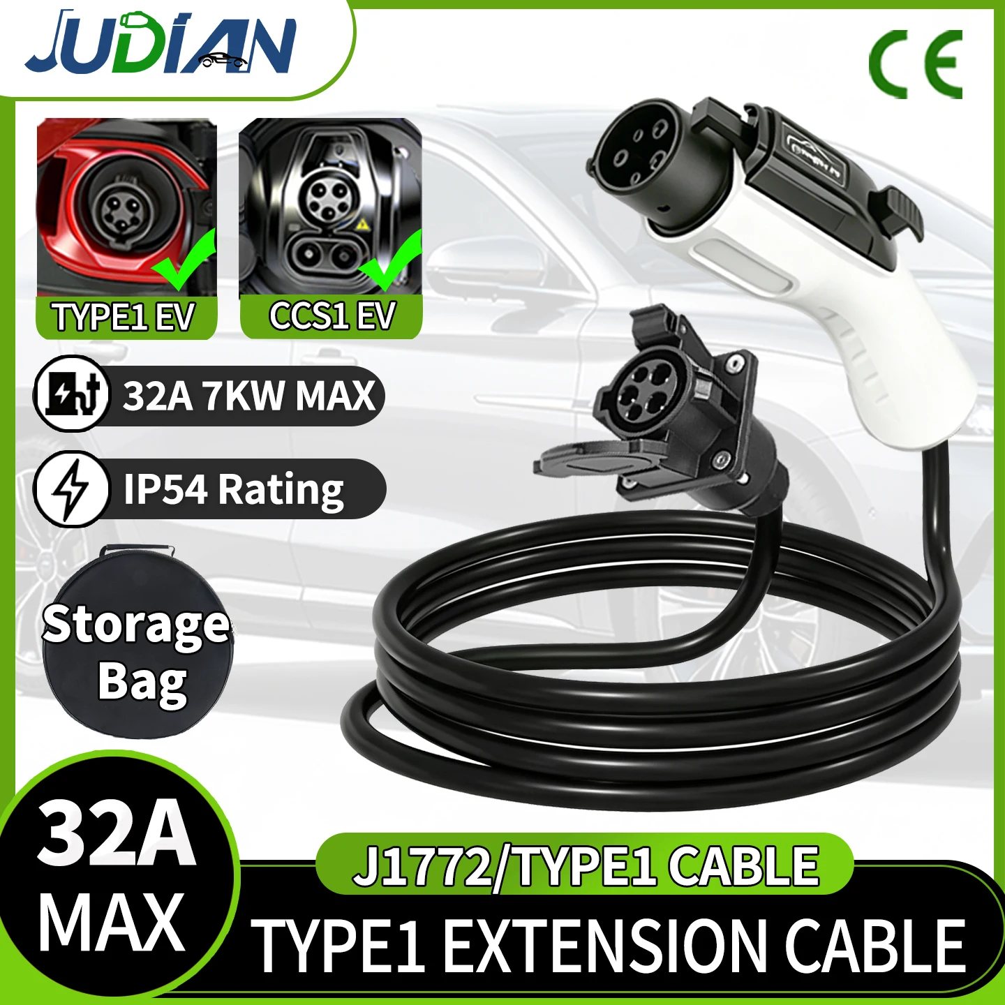 J1772 Type1 EV Charger Extension Cord 32A Max 7KW, EV Charging Cable for J1772 EVs and PHEVs