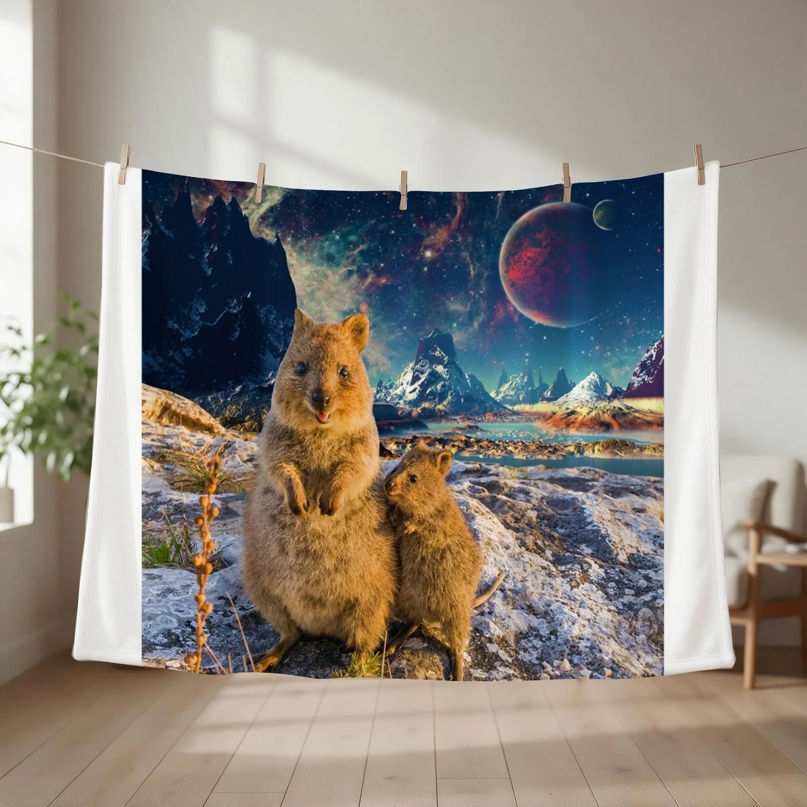 Happy Quokka Trip to Space Throw Blanket couch cozy soft plush fuzzy picnic outdoor blanket