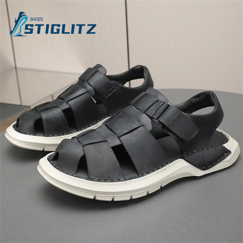 Suede Wide Band Openwork Roman Sandals for Men Summer Breathable Lightweight Flat Casual Shoes Men's Genuine Leather Sandals New