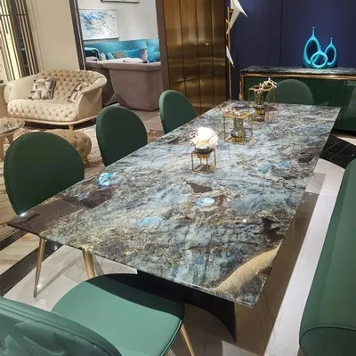 Restaurant furniture natural marble table blue jade luxury stone table home rectangular table high-end light luxury