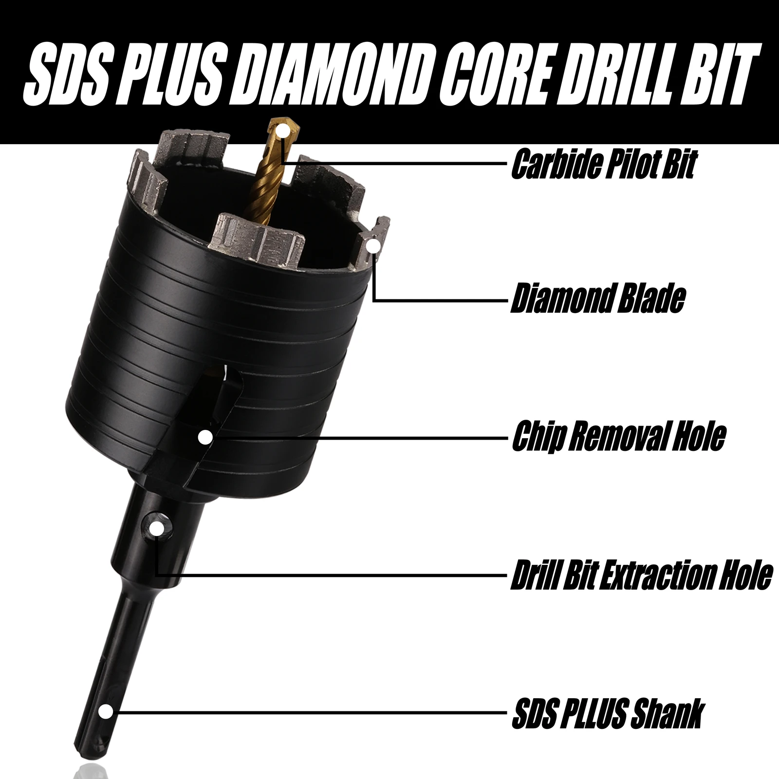 Dry Diamond Core Drill Bit Hole Saw with SDS Plus Adapter for Brick Wall Masonry Concrete Cement Block Stone Granite Marble