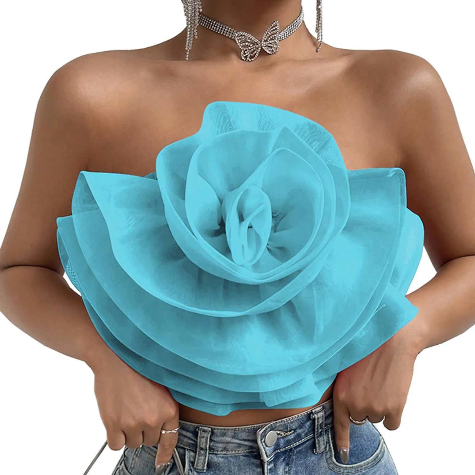 Slim Fit Women\'s Flower Front Crop Tube Top Sleeveless Strapless Solid Shirred Tops Camisole Loose Tops Women