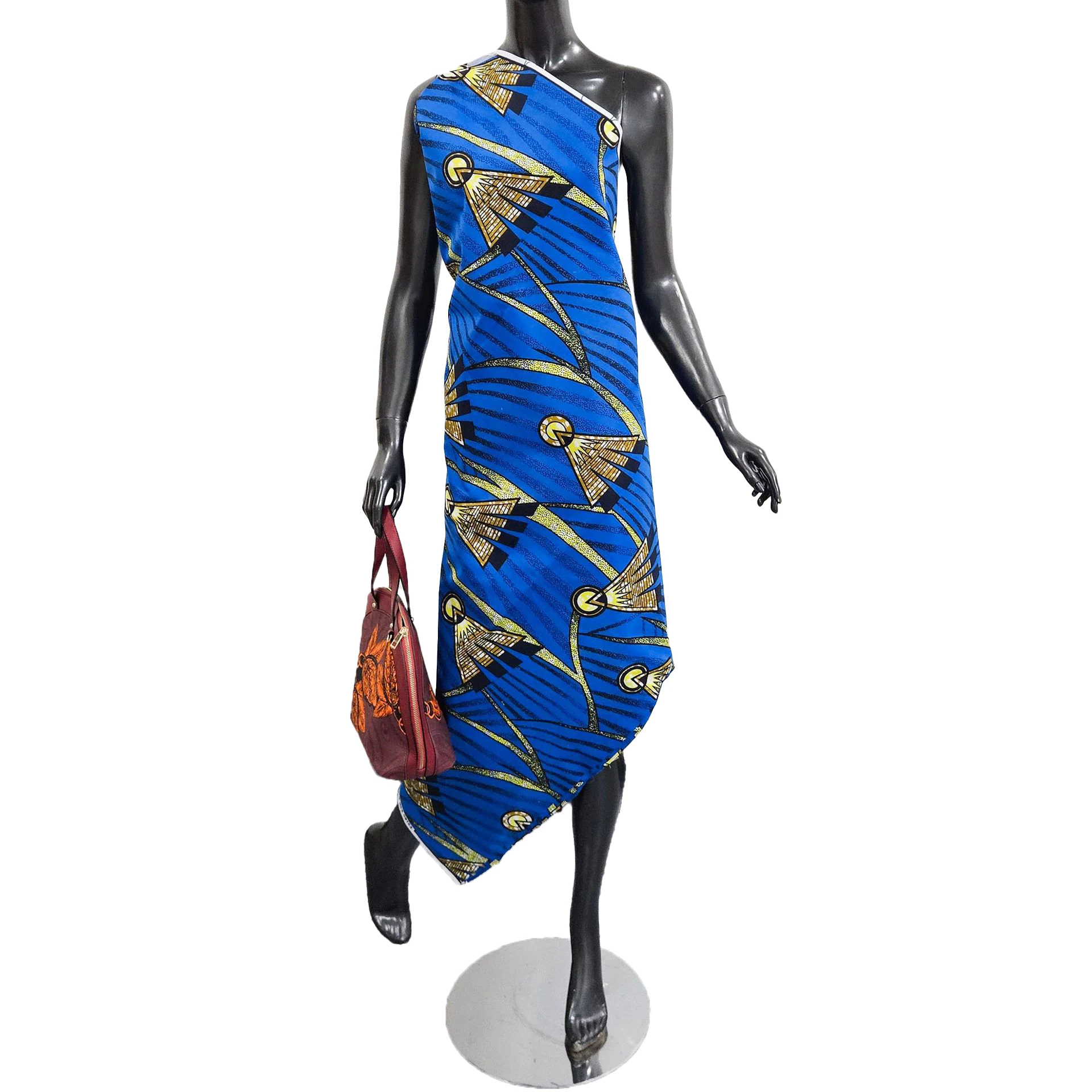 Tissu africain en polyester imprimé abstrait jaune et bleu pour vêtements, coussins, nappes, bricolage et matériel de couture R6892