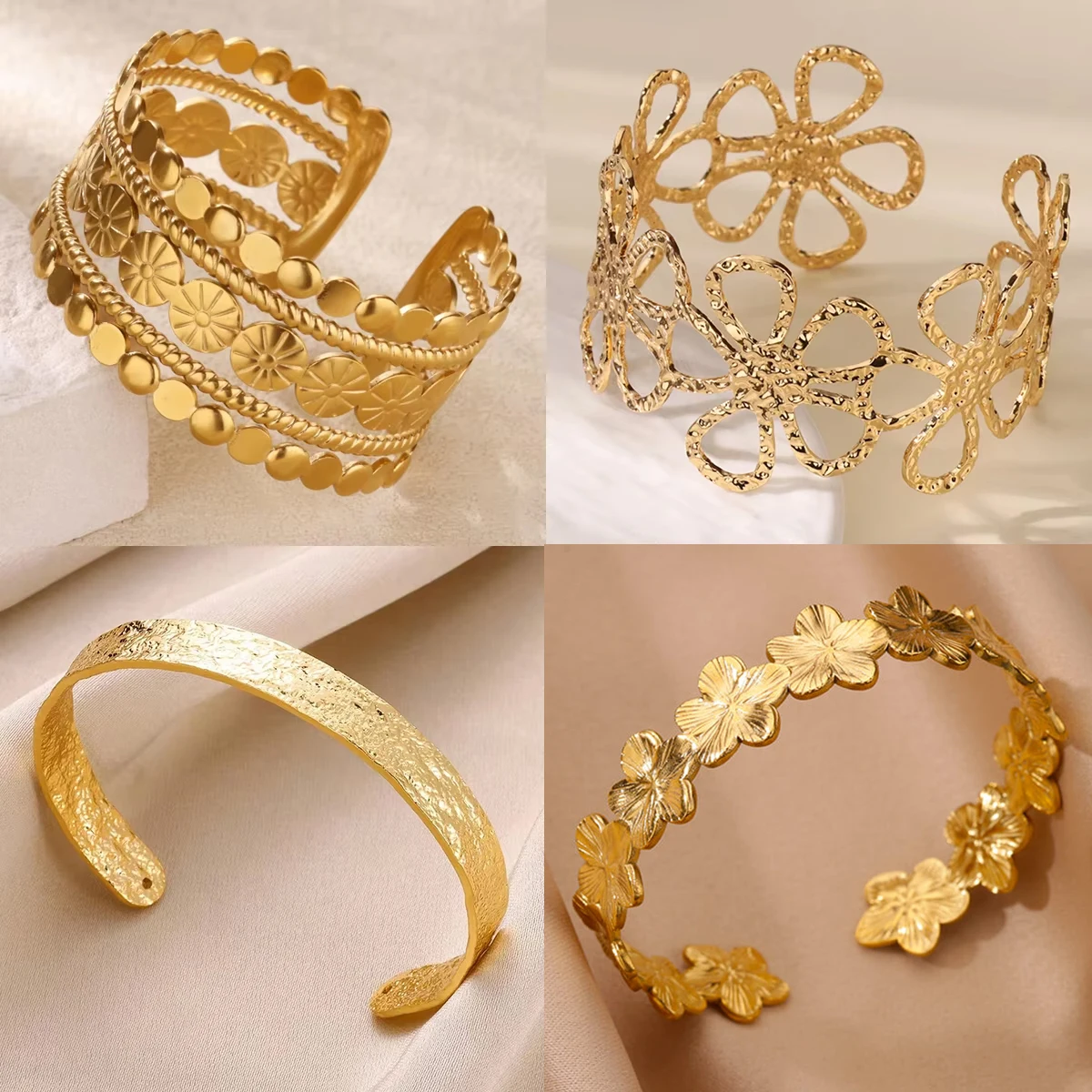 

Dainty Flowers Stainless Steel Bracelet Gold Color Open Cuff Bangle for Women Wedding Jewelry Vacation Party Accessories Gifts