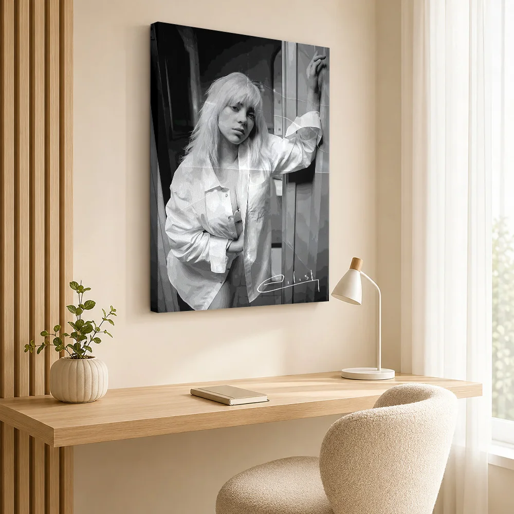 Billie Eilish In White Shirt Canvas Poster Customized Photo Monochrome Wall Art For Music Studio Reception, Concert Fan Gift