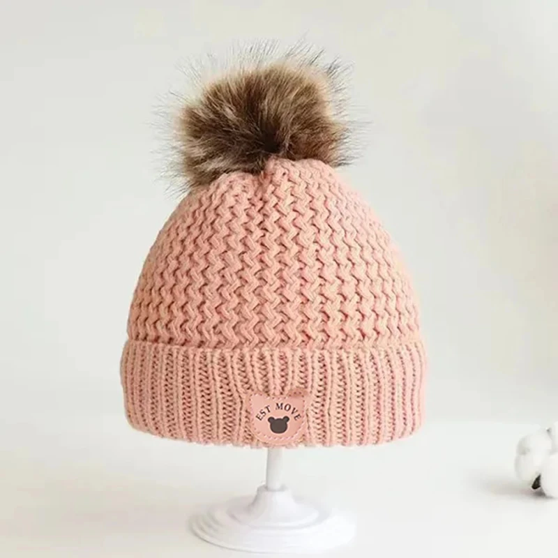 Fall Winter Baby Knit Hat Cartoon Bear Leather Label Thicken Fleece Cap for Boy Girls Cute Pompom Kids Beanie Infant Accessories