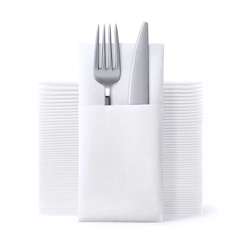 25/50/100PCS White Knife Fork Pad Napkins Paper Disposable Knife Fork Pad Napkins Paper Built-in Flatware Pocket Party Supplies
