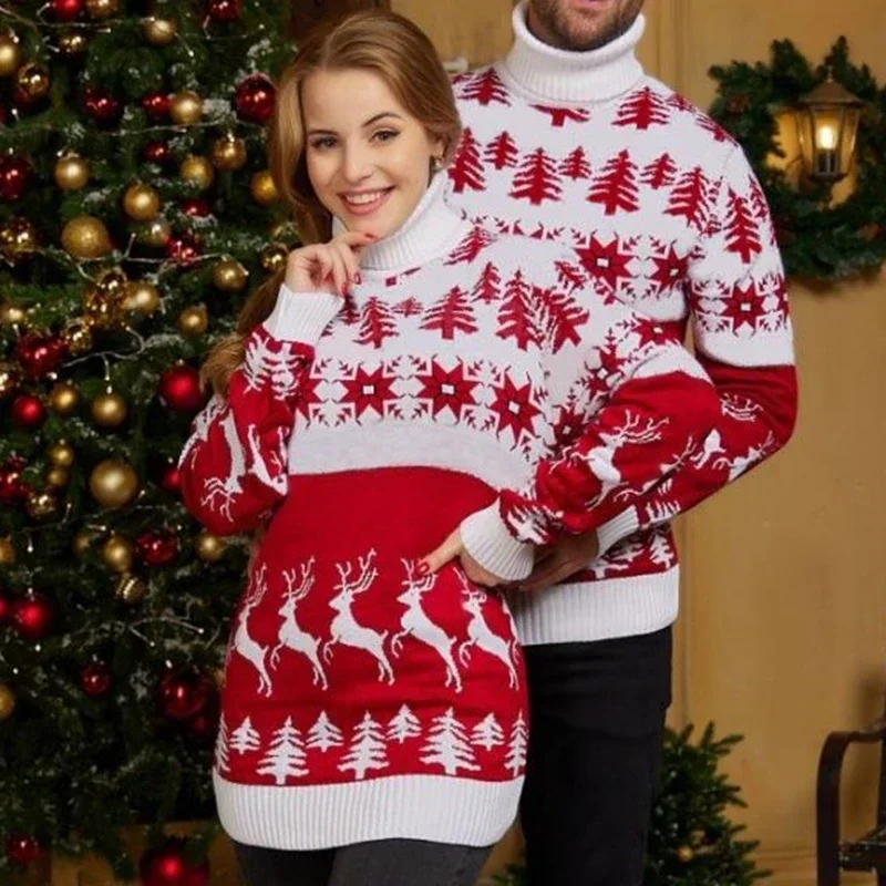 

Merry Xmas Look Christmas Matching Jumpers Women Men Warm Soft Sweater Print Turtleneck Full Sleeve Knitwear Thick Pullover Top