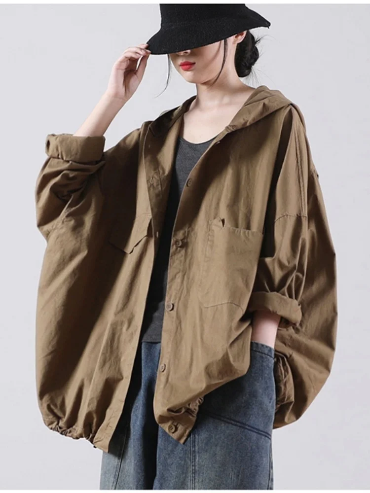 Literary Hooded Single Breasted Cardigan Women's Spring Autumn Long Sleeve Korean Style Loose Plus Size Youthful T Shirt Jacket