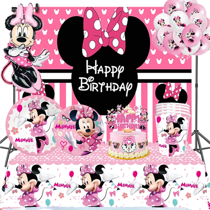 Disney Pink Minnie Mouse Girl Birthday Decoration Paper Plates Cups Napkins Banner Kids Toys Balloons Baby Shower Party Supplies