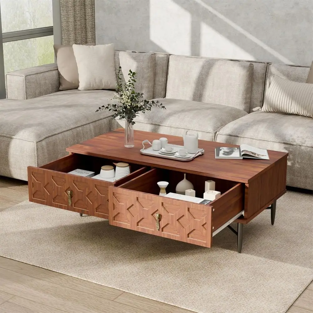 

Elegant Carved Wooden Coffee Table with Storage for Living Room and Office, Walnut Brown